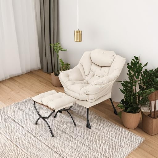 Welnow Lazy Chair with Ottoman, Reading Chair with Footrest, Off‑White