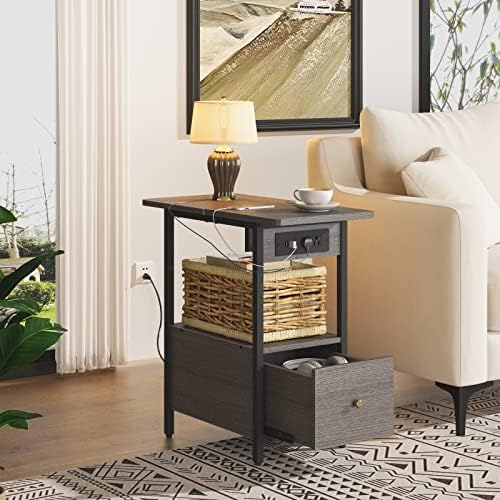 LIDYUK End Table with Charging Station, Narrow Side Table with Drawer