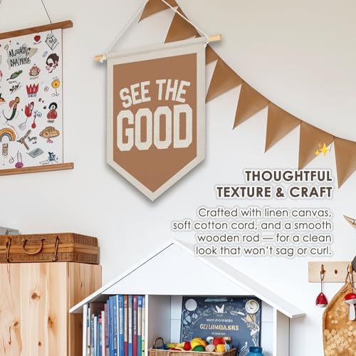 Wheatwin Inspirational See the Good Wall Hanging Pennant Flag Banner, Boho Neutral Motivational Positive Wall Decor for Kids Toddler Nursery Room Bedroom Playroom 15x11 Inch