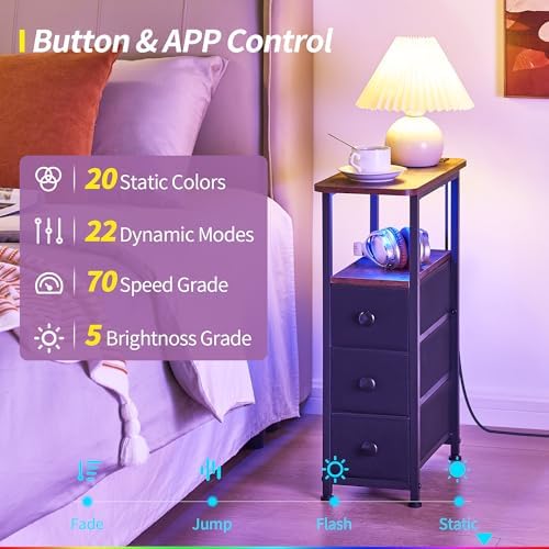 DALEMHOME Narrow End Table with Charging Station, Narrow Side Table with Drawer, Small Nightstand with LED Light, Skinny Nightstand, Small Bedside Table for Living Room, Bedroom, Couch, Rustic Brown