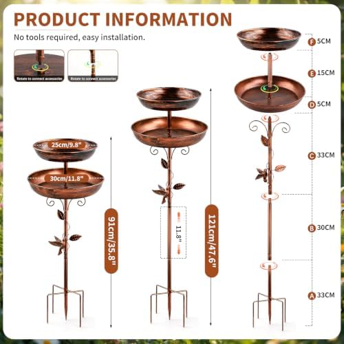 2-in-1 Tall Bird Bath and Feeder for Outdoors, Adjustable Metal Standing Bird Feeder with 5-Prong Base, Antique Copper Finish Rust Proof Water Bowl & Seed Tray Station for Garden Yard Patio Decor