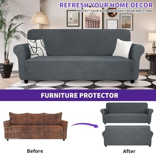 ZNSAYOTX Oversized Super Stretch Couch Cover (92"-115"), New Striped Sofa Covers Comfortable & Durable, Dog Cat Pets Friendly Extra Large Spandex Sofa Slipcovers (Dark Grey, XL Sofa)