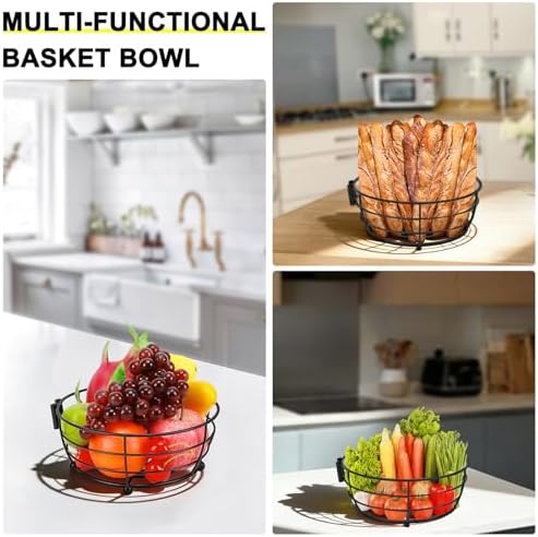 Livabber Countertop Fruit Basket Bowl with Banana Hanger, Modern Standing Fruit Vegetable Bowl Storage, with Banana Tree Holder for Kitchen Dinning Table (Round Metal, Black)