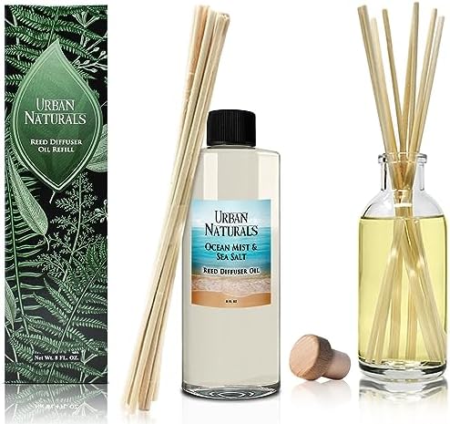 Urban Naturals Reed Diffuser Oil Refill Ocean Mist Sea Salt with Salt Spray, Violet Leaf, Sea Grass, Driftwood 8 oz + Free Reed Sticks, Made in the USA