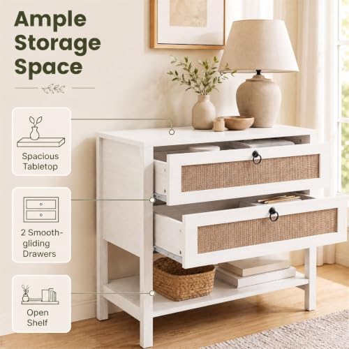 GIANTEX Rattan Nightstand Set 2 with 2 Drawers, 27" Wide Boho Bedside Table