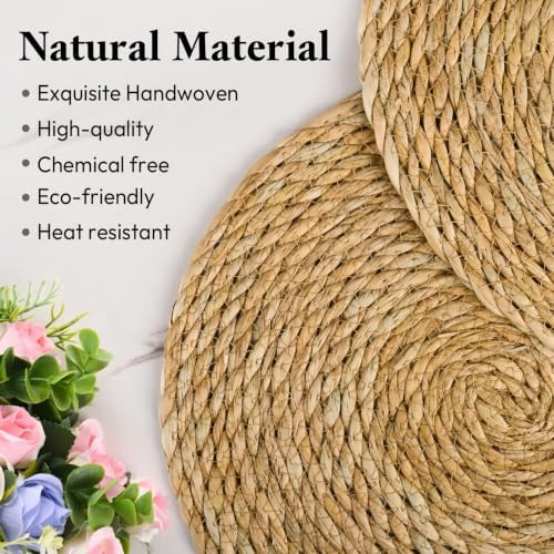 Set of 6 Round Woven Placemats, 13 Inch Rattan Chargers for Dinner Plates, Wicker Placemats, Boho Farmhouse Rustic Braided Jute Table Mats for Kitchen Dining Party Decor