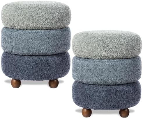 Glitzhome Round Ottoman with Storage Set of 2 Vanity Stool Foot Rest with Removable Lid Modern Upholstered Velvet Storage Ottoman Stool for Living Room and Dorm, Gradient Blue