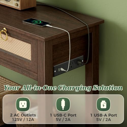 SUPERJARE Rattan Console Sofa Table with Outlets, USB-C Port and 3 Drawers