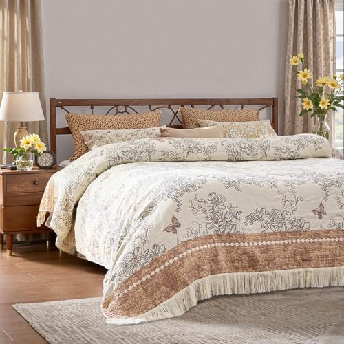 jinchan 100% Cotton Muslin Blanket with Tassel Boho Queen 60x80 Taupe/White