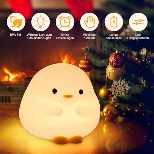 Rytinazzz Silicone Night Light for Baby, 50H Long Battery Duck Lamp, Gift for Kids, Soft Safe Nursery Light, Rechargeable Tap Control, Dimmable Bedside Lamp