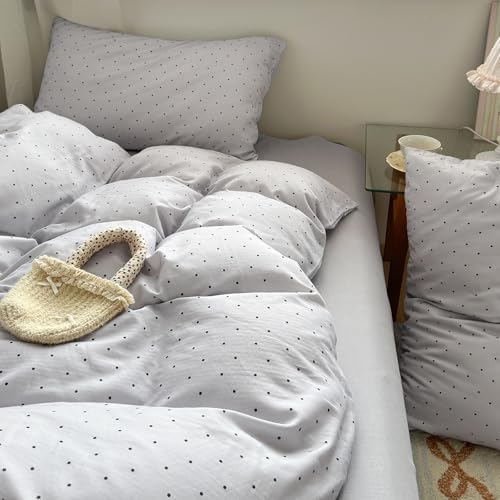 LifeTB Grey Duvet Cover King Size, 3 Piece Polka Dot Duvet Cover with 2 Pillowcases, 100% Cotton Muslin Breathable All Seasons Comforter Cover, Cute Polka Dot Bedding Set for Teen Girls Women
