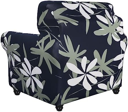 SearchI Stretch Sofa Cover Printed Couch Covers, Floral Pattern 2 Piece Armchair Slipcover with Separate Chair Cushion Cover, Washable Furniture Protector for Living Room(Chair, Navy Blue)