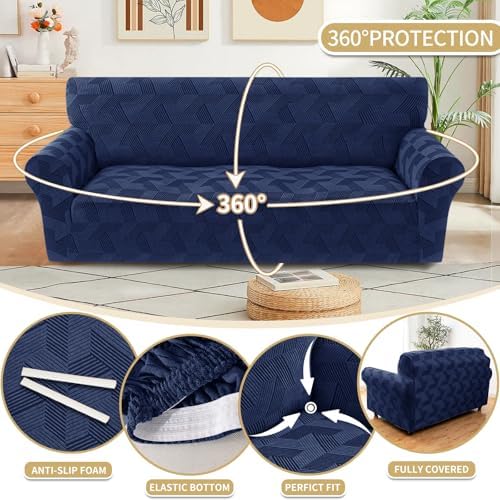 JIVINER 1 Piece Couch Cover for 3 Cushion Couch, High Stretch Sofa Covers with Elastic Bottom, Washable Sofa Slipcovers for Dog, Pets Feature Geometrical Jacquard Fabric (Sofa, Navy Blue)