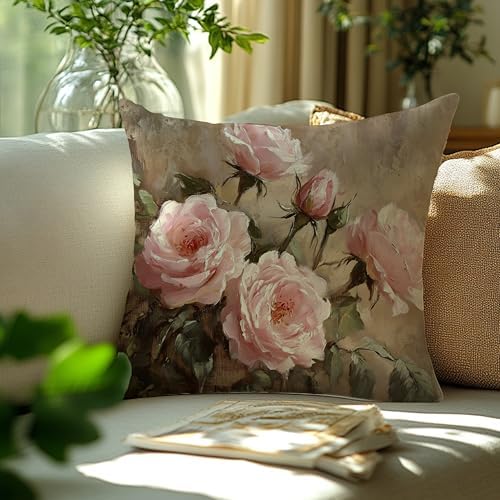 Vintage Pink Rose Floral Rectangle Pillow Throw Cover 18x18 Decor, Shabby Chic Rustic Cottagecore Decorative Throw Pillow Covers Double-Sided