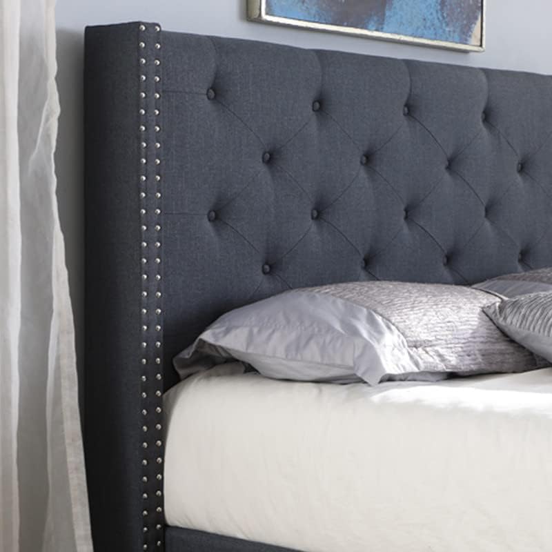 King Upholstered Platform Bed Frame with 51" Tall Headboard - Button Tufted Cloth Bed - Wood Slat Support with Storage Space - No Box Spring Needed - Easy Assembly - Blue - Oliver & Smith - Astor