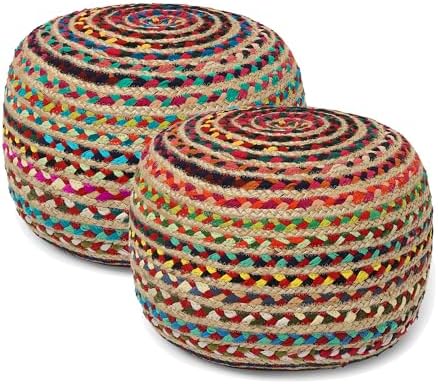 · REDEARTH · Jute Braided Pouf - Circular Boho Foot Stool - Multi, Set of 2