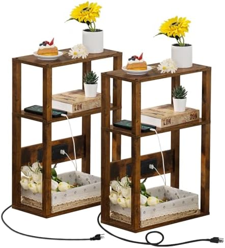 YUFAM 3-Tier Narrow Bedside Table Set 2 for Small Spaces, Skinny Nightstand