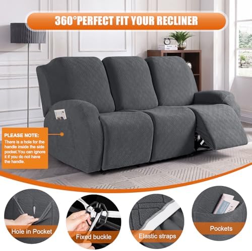 VANSOFY Stretch Recliner Couch Cover, Slipcover, Charcoal Gray, 3 Seater