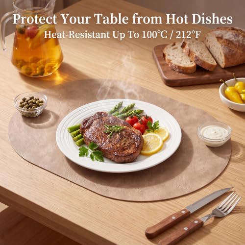 Oval Placemats Set of 12, Wipeable Faux Leather, Apricot