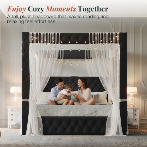 Jocisland Queen Canopy Bed Frame Velvet Upholstered Headboard, Black