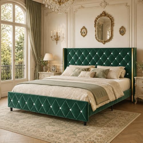 HOMBCK Bed Frame Full Size with Velvet Headboard, Goldside Wingback, Green