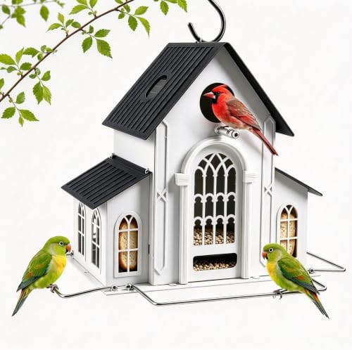 Solar Bird Feeder, Large Hanging Metal Bird House Feeder with Solar LED Lights, Waterproof Large Capacity Decorative Bird Feeder for Garden Backyard, for Bird Lovers & Gardeners