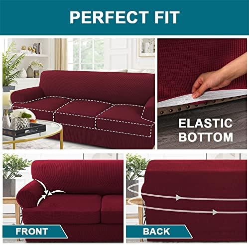 Turquoize 4 Piece T Cushion Sofa Slipcovers Stretch Couch Cover Furniture Covers with 3 Individual T Cushion Covers, Machine Washable (3 Cushion Sofa, Burgundy)