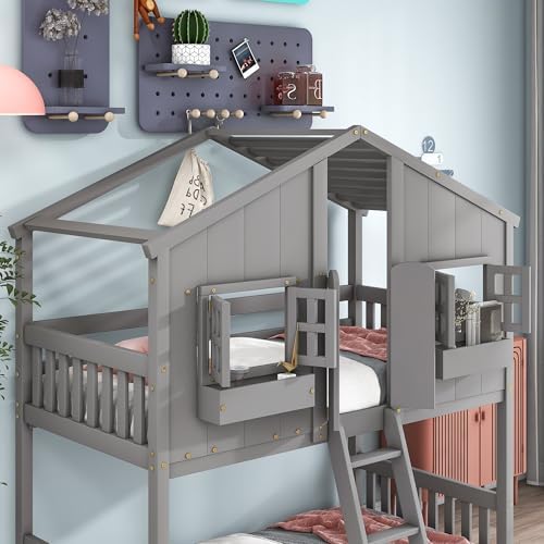 Twin Over Twin House Bunk Bed with Roof and Window, Gray