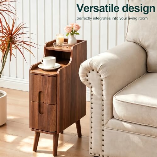 FurSch Narrow Nightstand, Wooden 2 Drawer, Walnut, 1 pc