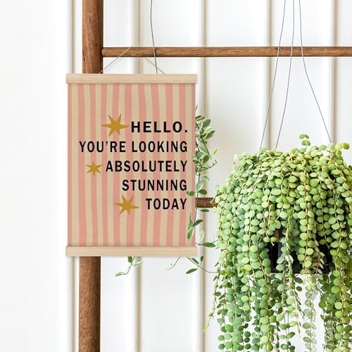 MAQIKA Inspirational Girl Nursery Poster Framed with Wood Hanger, Girls Room Hanging Wall Decor, Retro Pink Striped Motivational Canvas Wall Art Paints for Kids Girls Room Bedroom, 12x16 Inch