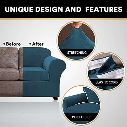 PrinceDeco Velvet Couch Covers for Sofa Soft 4 Pieces Couch Covers for 3 Cushion Couch Sofa Pet Friendly Furniture Protector with Non Slip Elastic Bottom Width Up to 90 Inch(Large, Deep Teal)