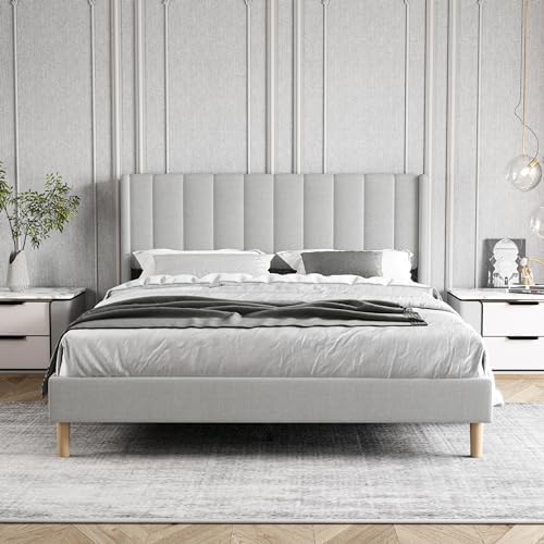 Queen Size Bed Frame with Linen Upholstered Headboard, Light Gray