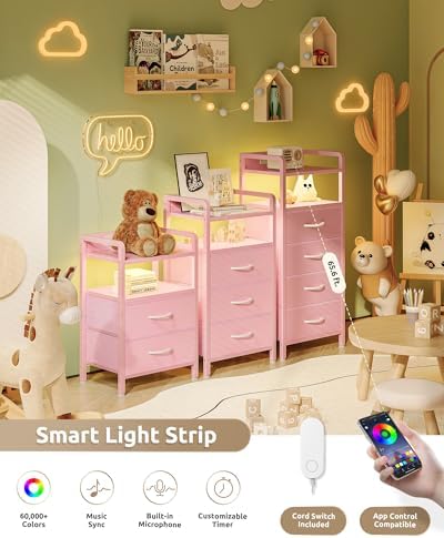 Lazzanto Nightstand with Rear Charging Station, LED Light, 4 Drawers, Pink