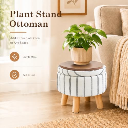 Wimarsbon Round Storage Ottoman,Footstool with Padded Seat and Wood Legs