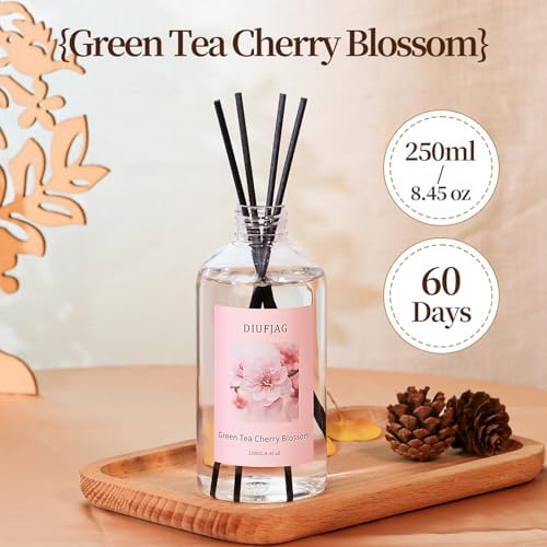Green Tea Cherry Blossom Diffuser with 20 Black Fiber Sticks, 6.7 oz Diffusers for Home Essentials Bathroom,Last up to 60 Days（200ml