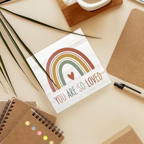 Boho Rainbow Christian Nursery Wood Box Sign Desk Decor 5X5, You Are So Loved Wooden Block Sign Decorations for Kids Boy Girl Nursery Room Bedroom Playroom Desk Table Wall Tabletop Shelf Decor