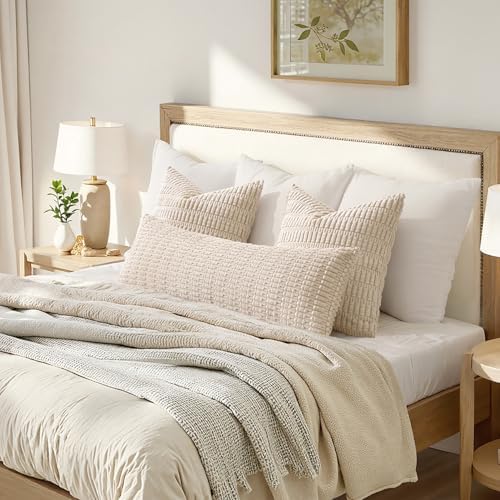MIULEE Lumbar Corduroy Throw Pillow Cover for Bed 14x36 Cream White