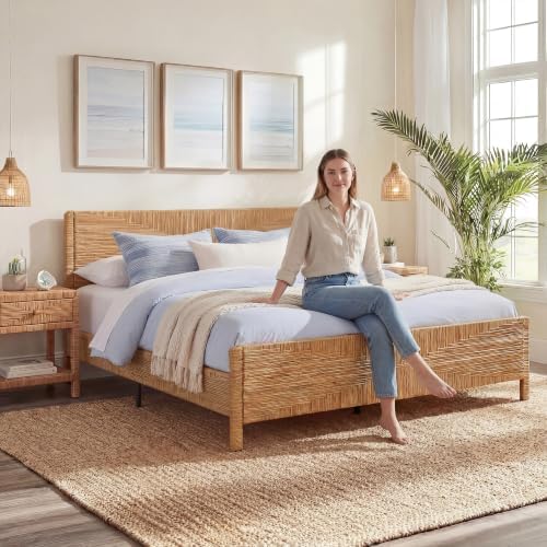 Brafab Hand-Woven Rattan King Bed Frame with Headboard and Footboard