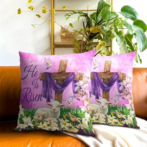 He is Risen Cross Christian Throw Pillow Covers 24''x24'' Set of 2 Easter Spring Pillowcase Religious Lily Floral Lamb Cotton Square Cushion Case Happy Holiday Pillows Protector for Home Sofa