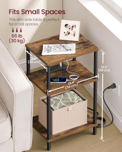 VASAGLE Side Table with Charging Station, 3-Tier Small Tall End Table