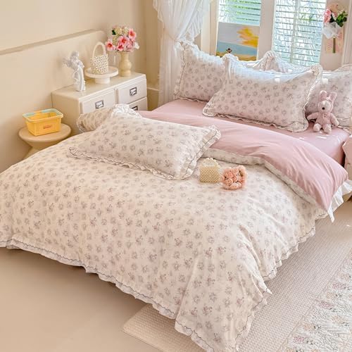 HighBuy Ruffle Floral Duvet Cover King,Durable Cotton Vintage Floral Comforter Cover,Breathable Cottagecore Blush Bedding Set for Women Girls,1 King Duvet Cover and 2 Ruffle Pillowcases
