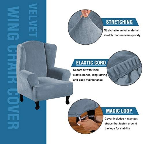 H.VERSAILTEX Wingback Chair Covers Velvet Plush Wing Chair Slipcover 1 Piece High Stretch Wing Back Chair Slipcovers Sofa Cover Furniture Cover with Elastic Bottom, Stone Blue