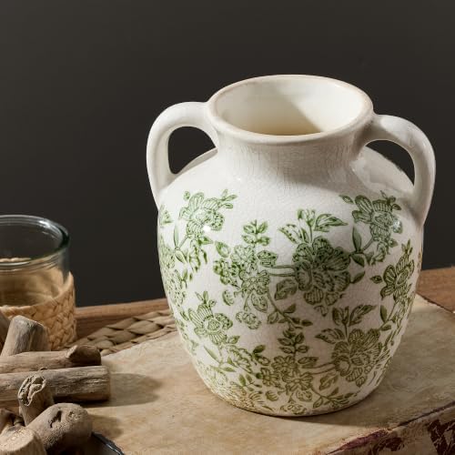Ceramic Vase with Handles, Vintage Utensil Holder, Flower Decorative Vase Chinoiserie Decor Rustic Farmhouse Retro Floral Vases for Table Bookshelf Mantel Kitchen Living Room Office - 6.7” Green 018