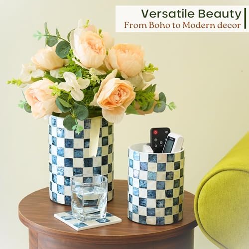 Chi An Home 7.4" + 5.8" Capiz Shell Mosaic Navy Blue Utensil Holders Set 2