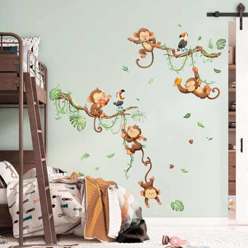 Monkey Climbing Wall Decals Jungle Leaf Animals Wall Stickers for Boys