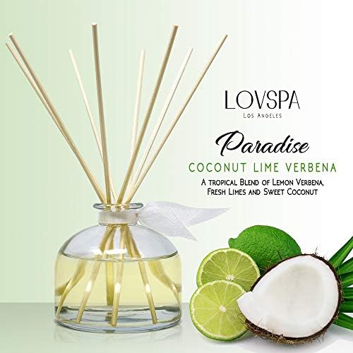Reed Diffuser Set, Paradise Coconut Lime Verbena Scented Oil Diffuser with Sticks, Home Fragrance Accessories for Bathroom Shelf Decor, Aroma Diffusers for Home or Office Desk, USA Made
