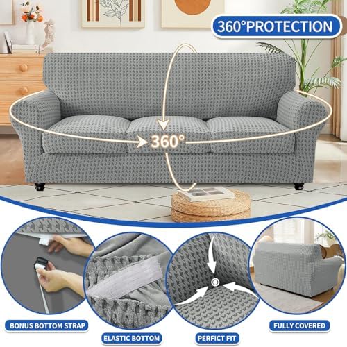 MAXIJIN 2 Pieces Stretch Chair Cover Armchair Covers for Living Room Thick Soft Chair Slipcovers with Arms Dogs Pet Single Sofa Couch Protector with Elastic Bottom (Light Gray, 31"-46")