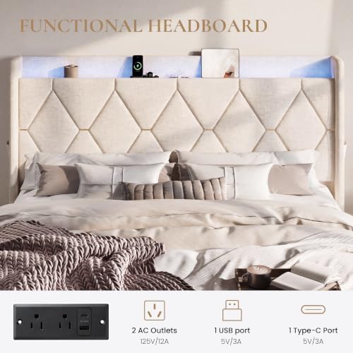 SHA CERLIN King Size Bed Frame with Storage Drawer & LED Lights, Beige