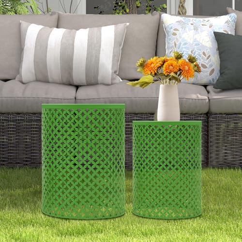 Metal Frame Accent Table,Cylindrical Outdoor Side Table,Decorative Garden Stool,Set of 2 Nesting Side Table,Modern Decorative Garden Stool for Patio Balconies Cafes Parks (2, Green)