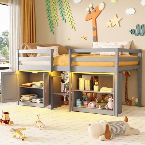 Low Loft Bed Twin Size with Storage Cabinet for Kids, Grey